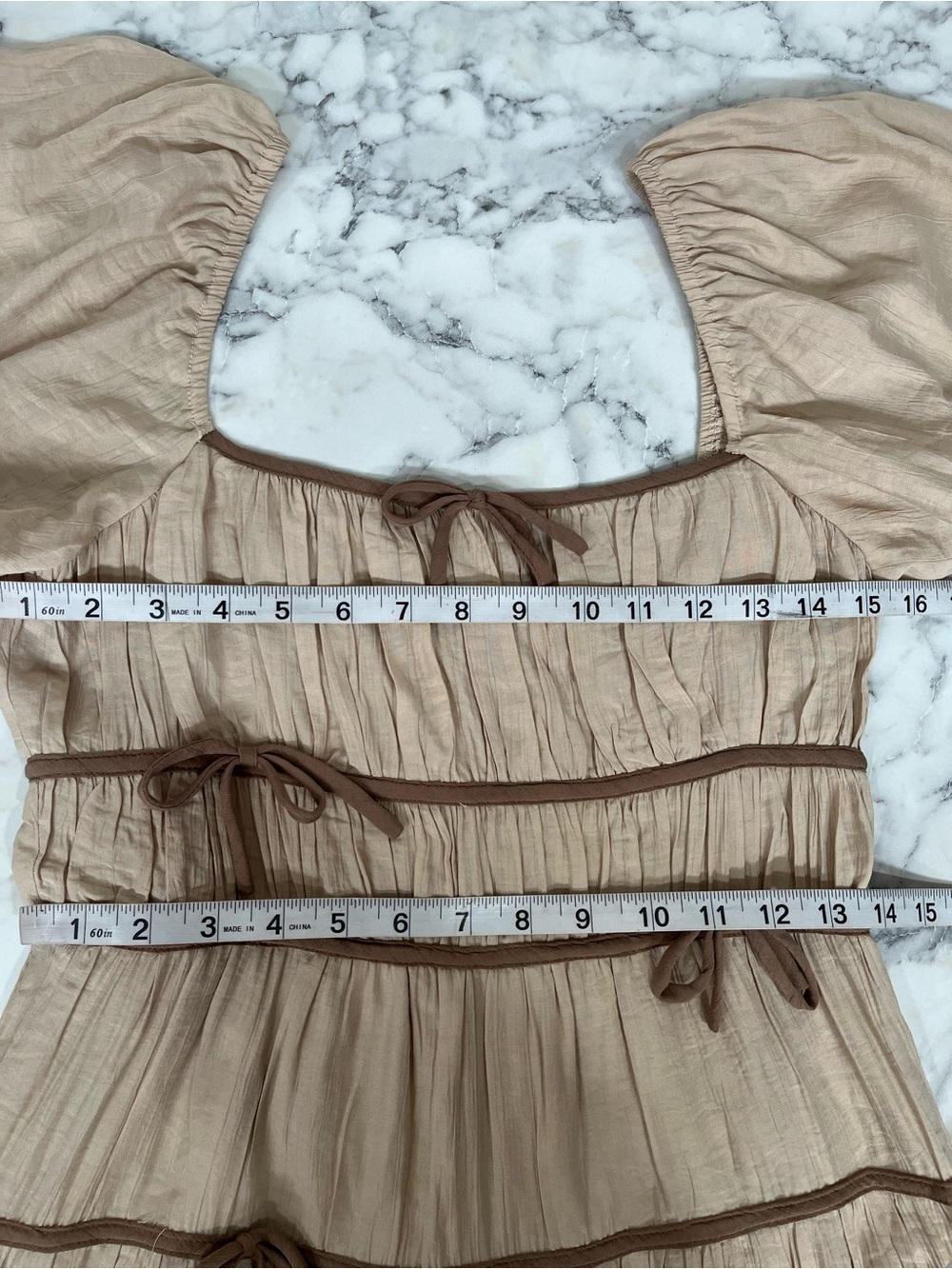 Storia monochromatic tan brown tiered midi dress all over bow details size small - Picture 6 of 13